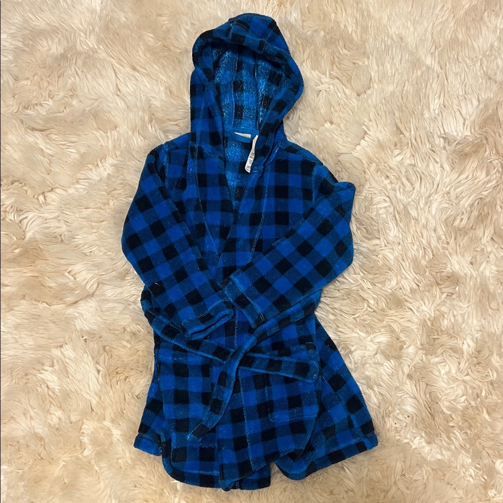 Blue and Black Plaid Hooded Robe